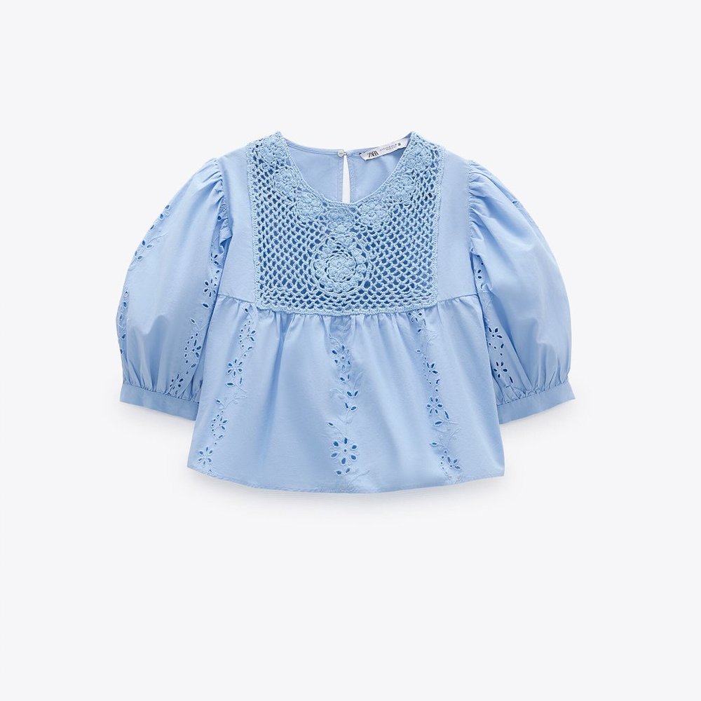 EMBROIDERED EYELET COTTON BLOUSE Blue 0/7200/039